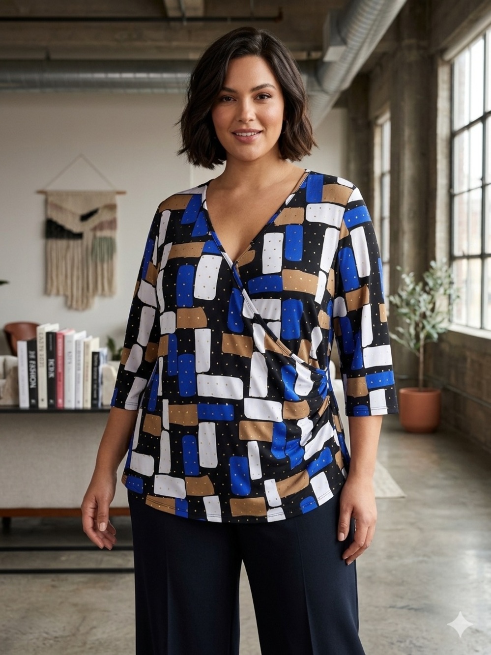 Take 50% OFF- Russell Kemp Blue, White&Brown Geometric Faux-Wrap Blouse, Size-2X